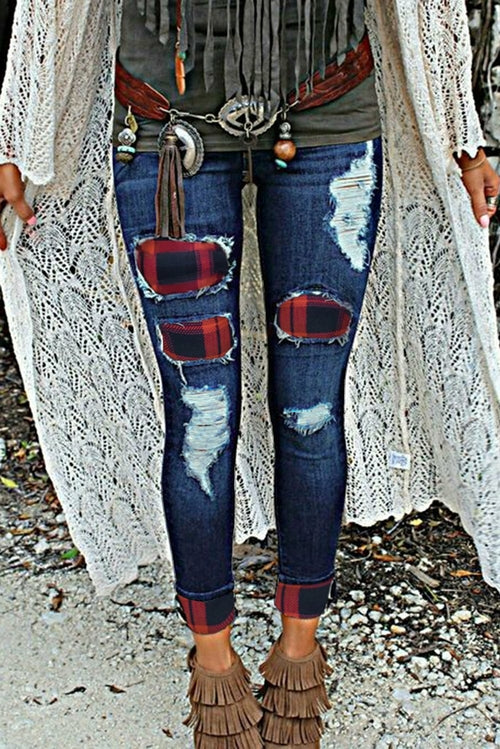 Plaid Splicing Hollow Out Ripped Jeans