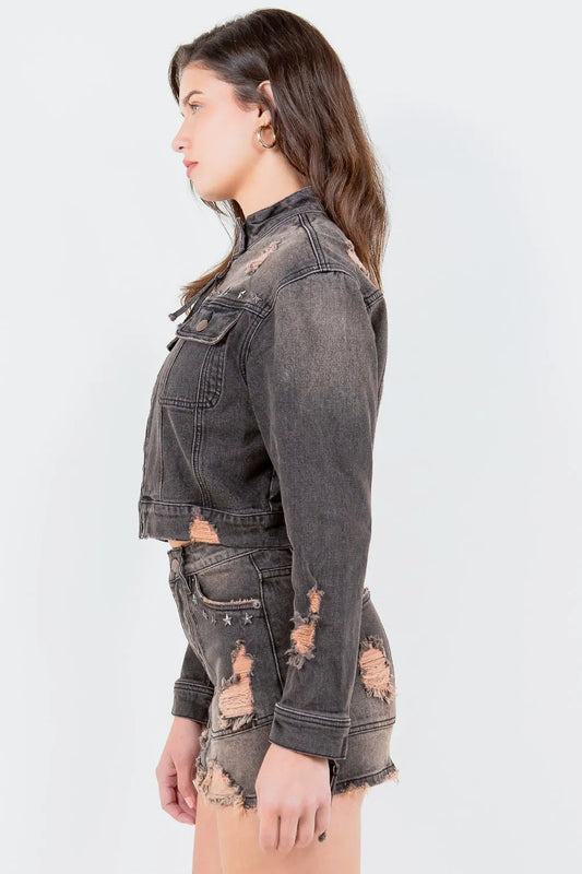 American Bazi Full Size Distressed Star Stud Trim Denim Rider Jacket
