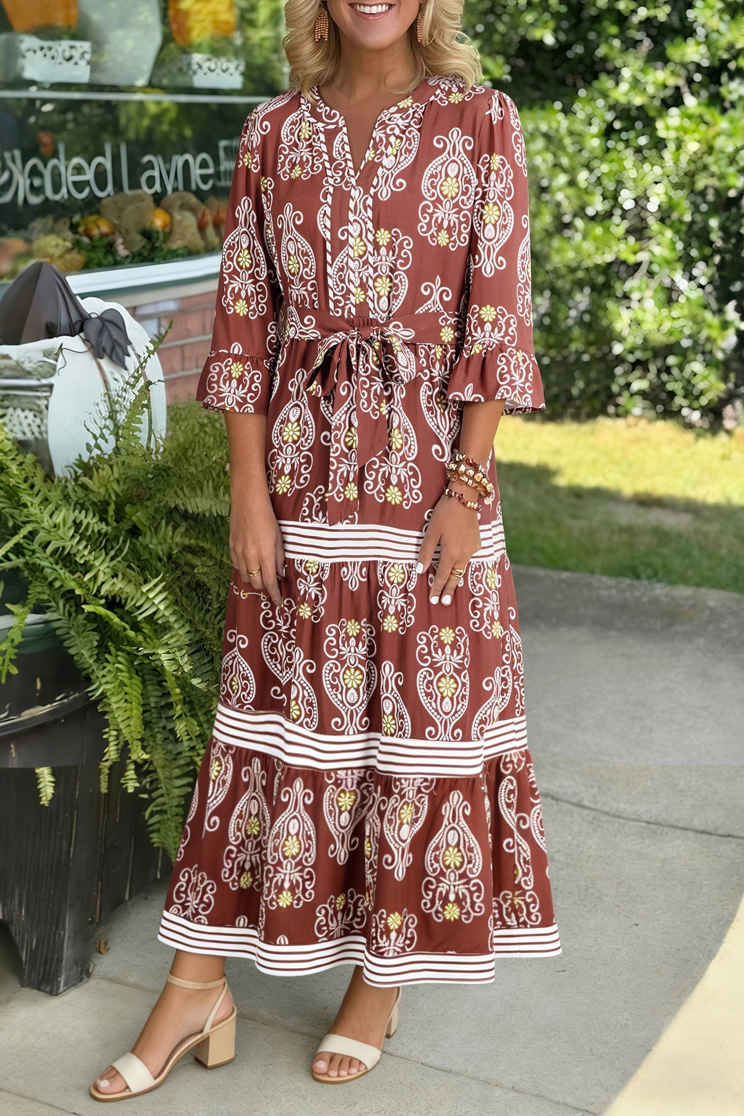 Floral Boho Belted Stripe Trim Tiered Maxi Dress