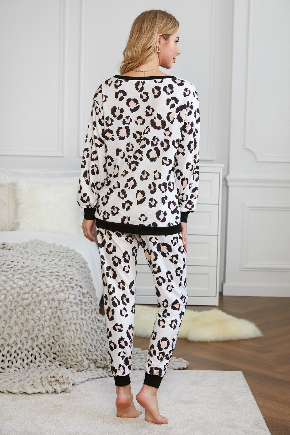 Leopard Print Long Sleeve Pants Loungewear Set