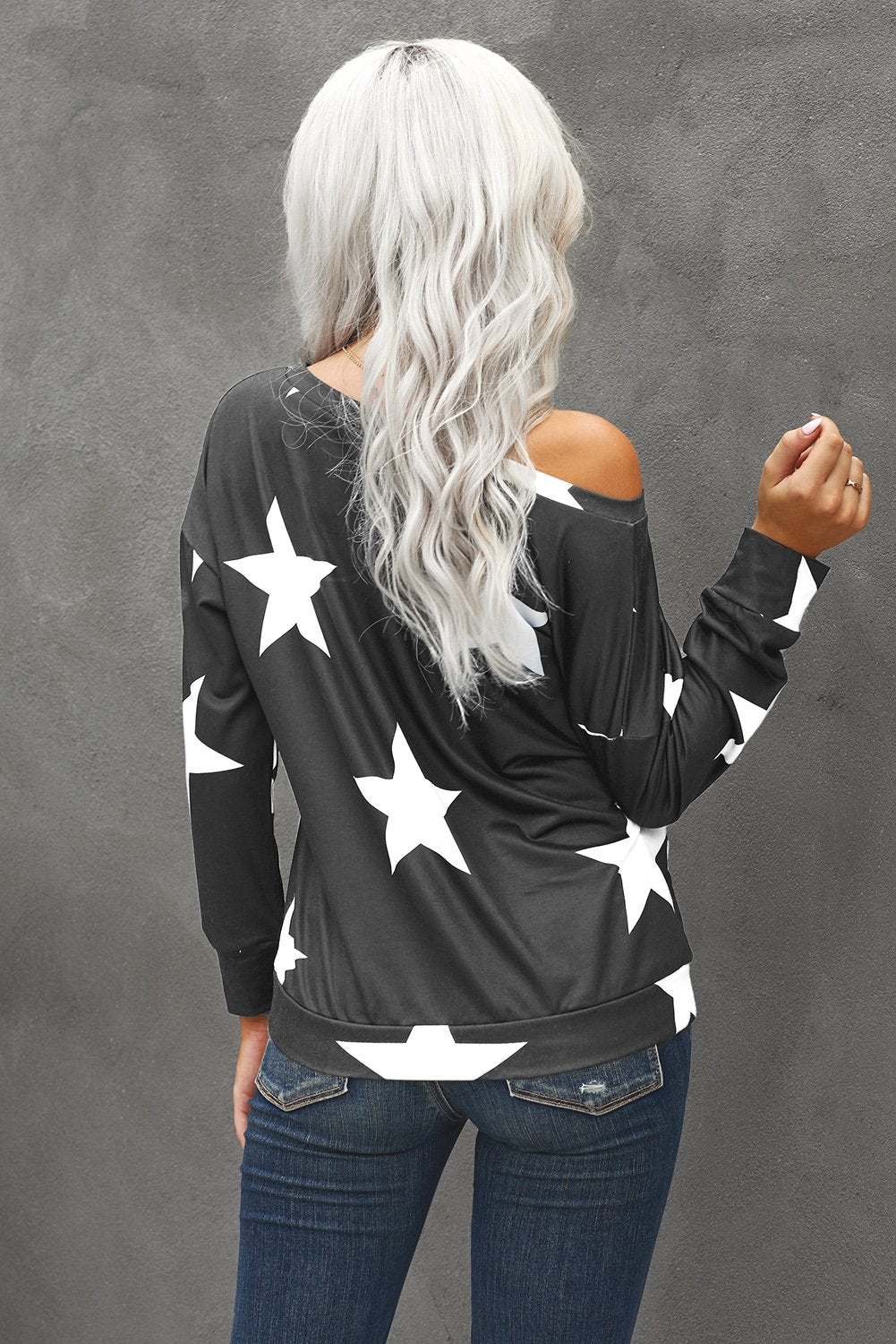 Fashion Five-pointed Star Print Round Neck Black Sweatshirt