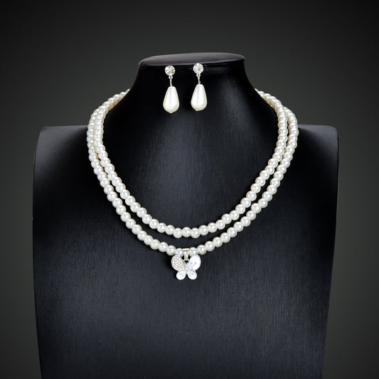 Imitation Pearl Double layered Necklace Water Drop Earrings Banquet