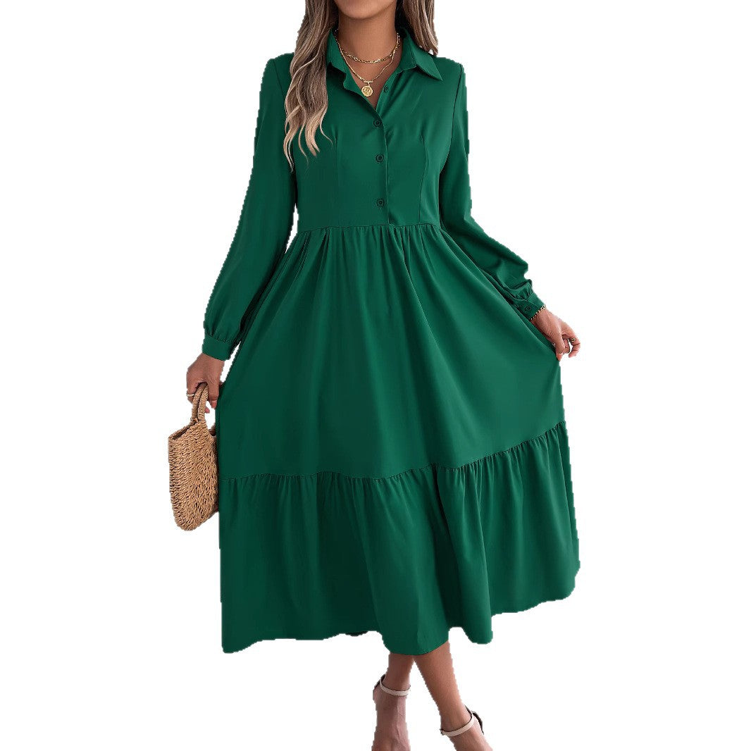 Women's Lapel Casual Loose Long Sleeve Ruffled Shirt Dresses Long