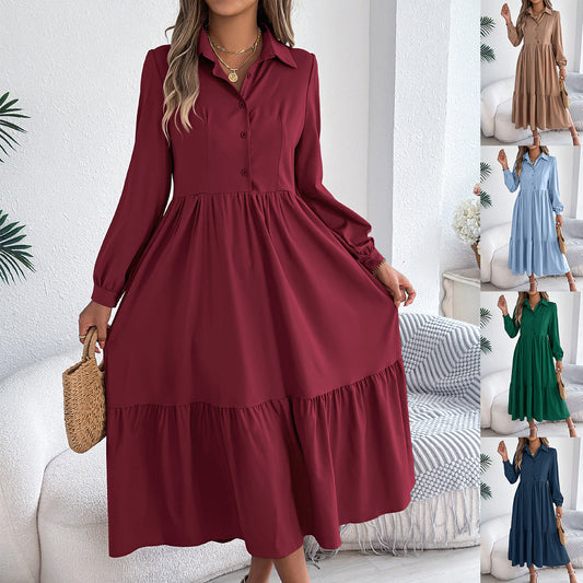 Women's Lapel Casual Loose Long Sleeve Ruffled Shirt Dresses Long