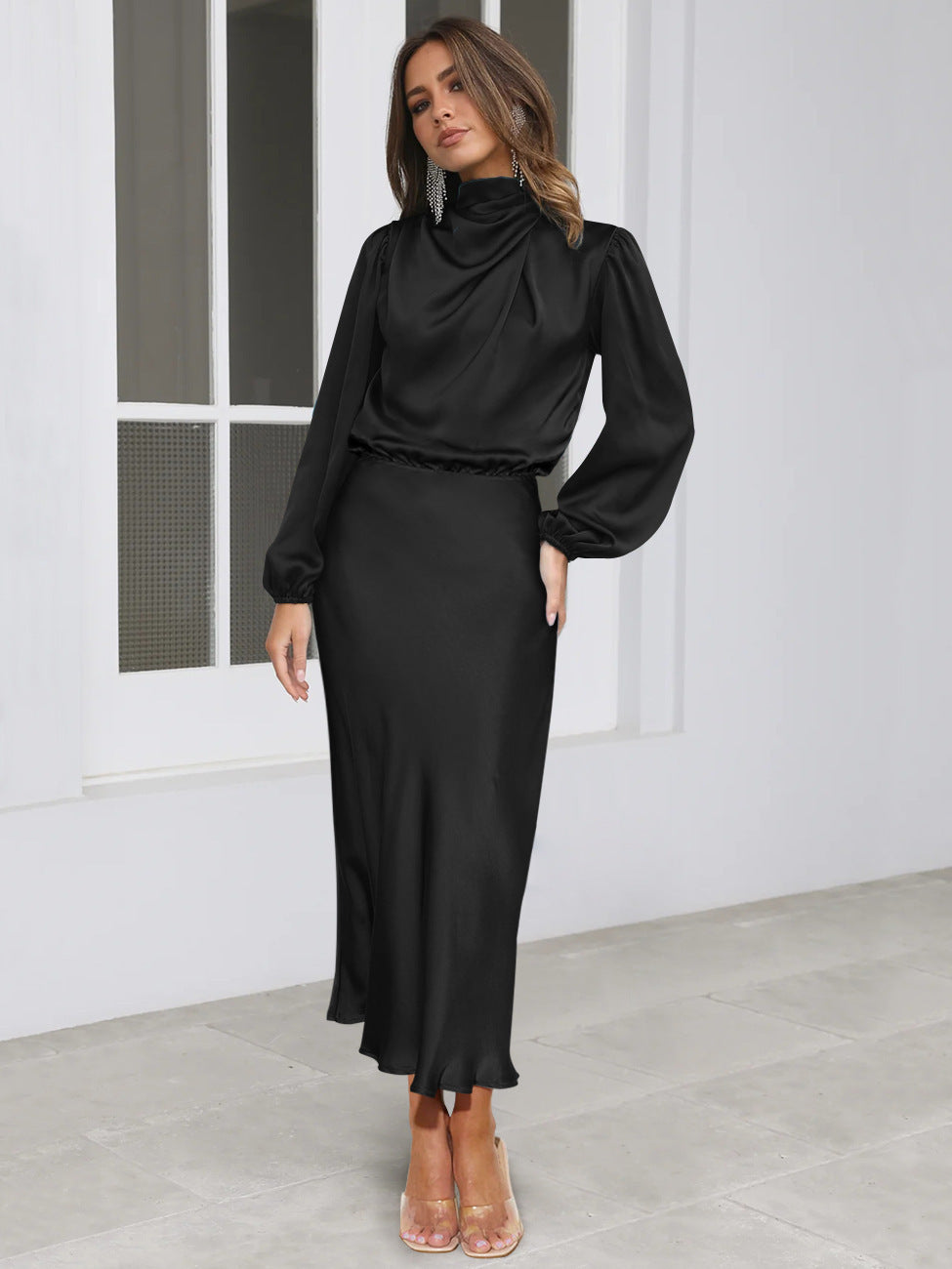 Elegant Temperament Long-sleeved Dress Satin Halterneck Formal Evening