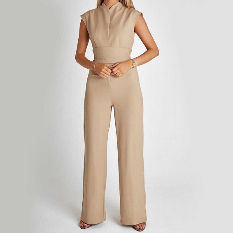 Fashion Elegant Long Sleeveless Jumpsuit Summer V-neck Casual Wide Leg