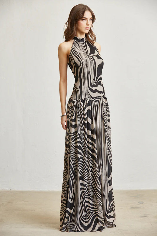 Abstract Wave Print Mesh Maxi Dress  with Open Back