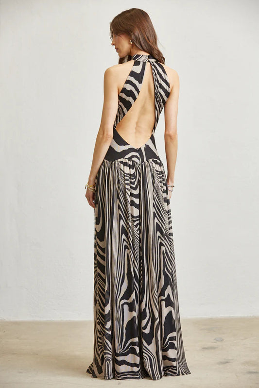 Abstract Wave Print Mesh Maxi Dress  with Open Back