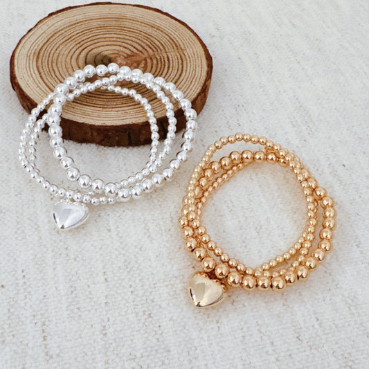 Ball Beads Golden Heart Stretch Bracelet Set Of 3