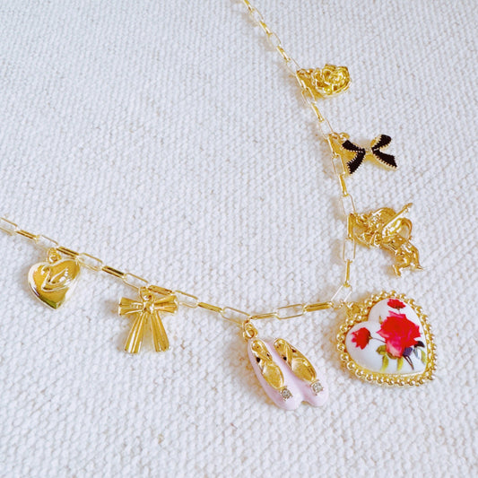 Ballet Garden Charm Necklace – Whimsical Gold Chain with Rose, Swan,