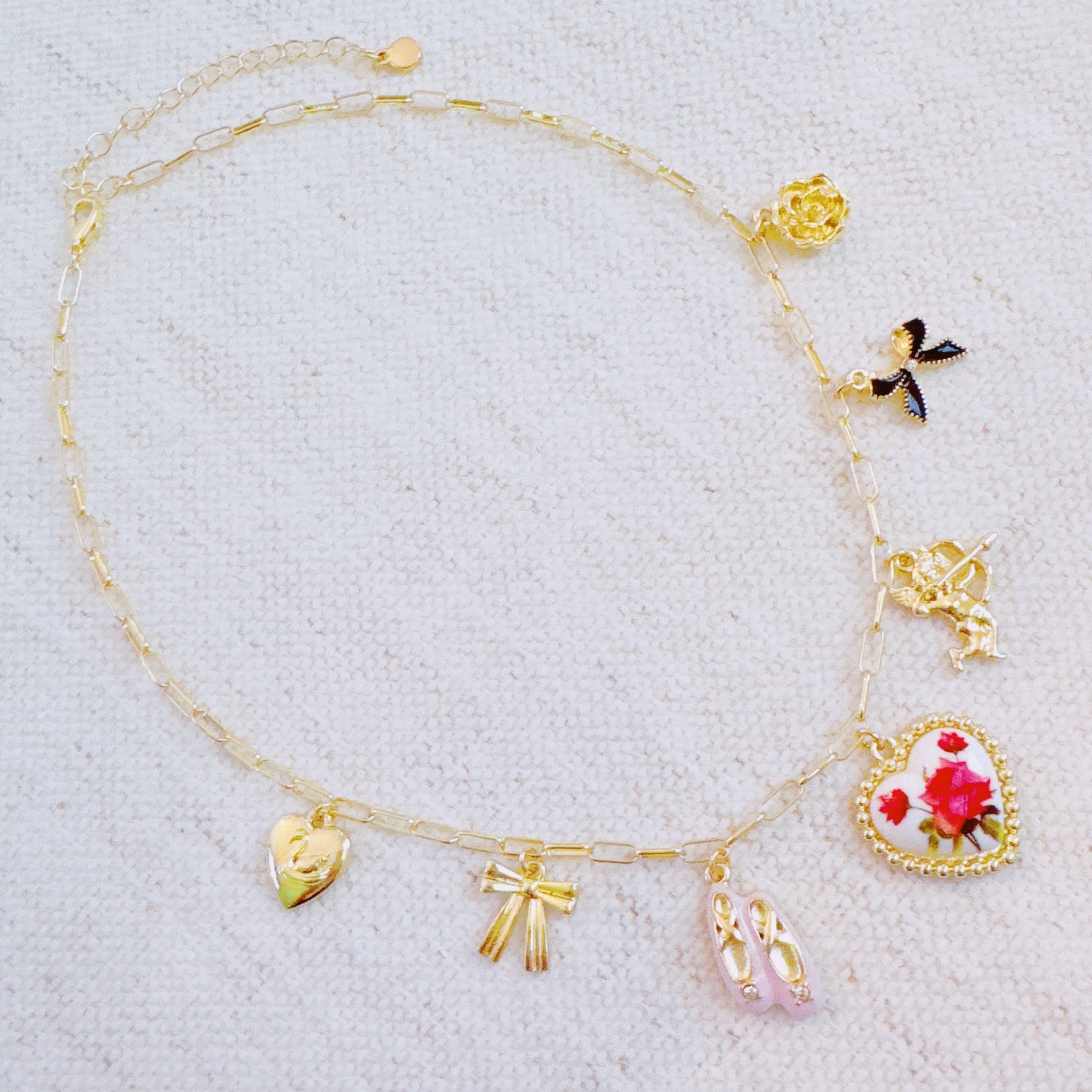 Ballet Garden Charm Necklace – Whimsical Gold Chain with Rose, Swan,