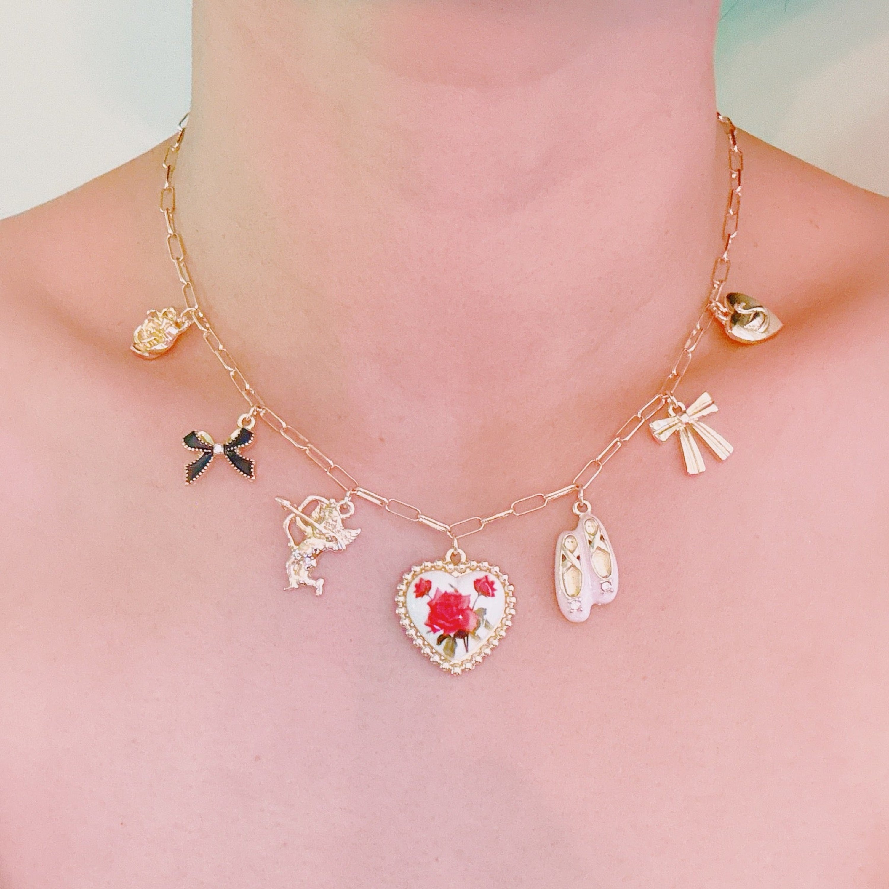 Ballet Garden Charm Necklace – Whimsical Gold Chain with Rose, Swan,