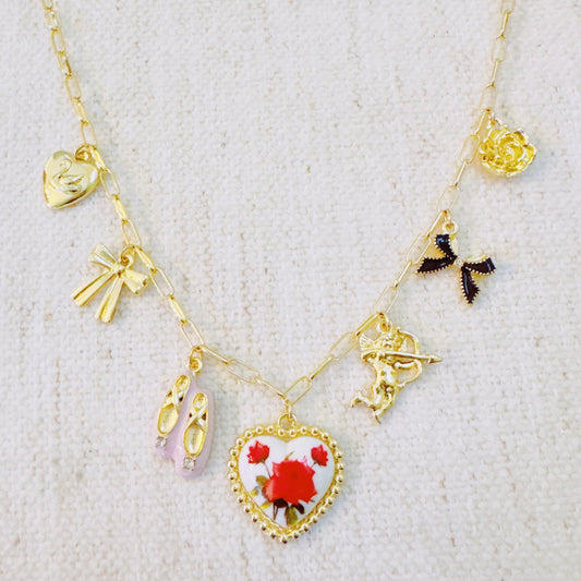 Ballet Garden Charm Necklace – Whimsical Gold Chain with Rose, Swan,