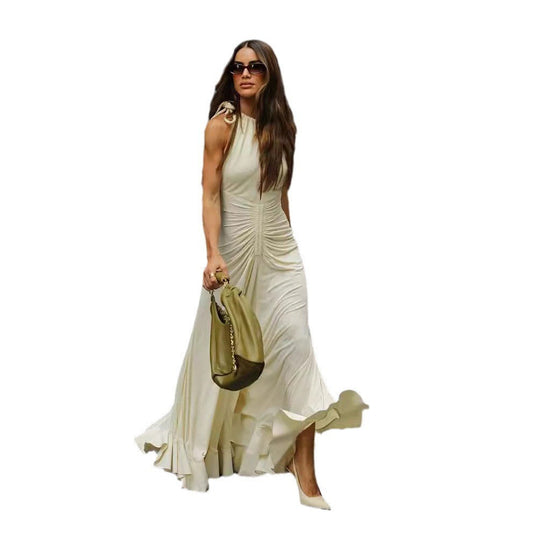 European & Egyptian Sleeveless Round Neck Pleated Dress