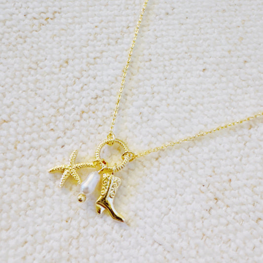 Coastal Cowgirl Necklace – Gold-Tone Chain with Starfish and Western
