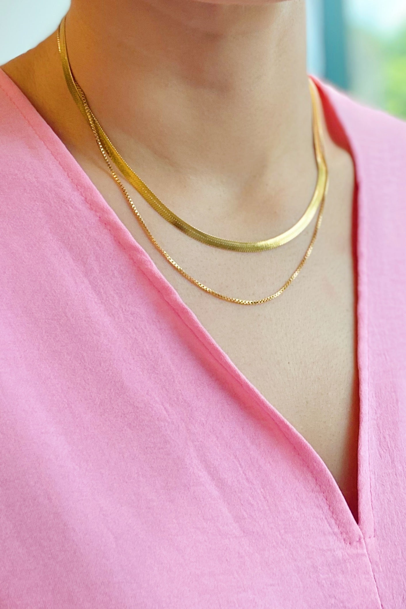 Layered Herringbone Chain Necklace, Waterproof Gold