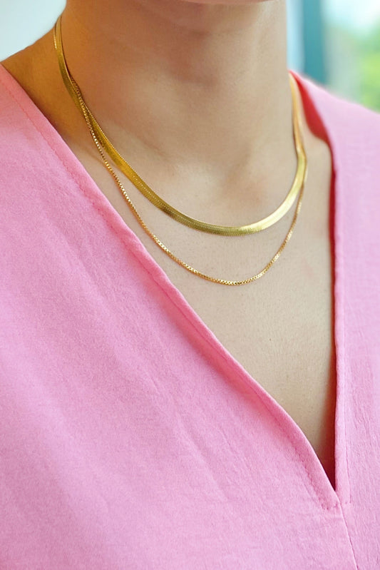 Layered Herringbone Chain Necklace, Waterproof Gold