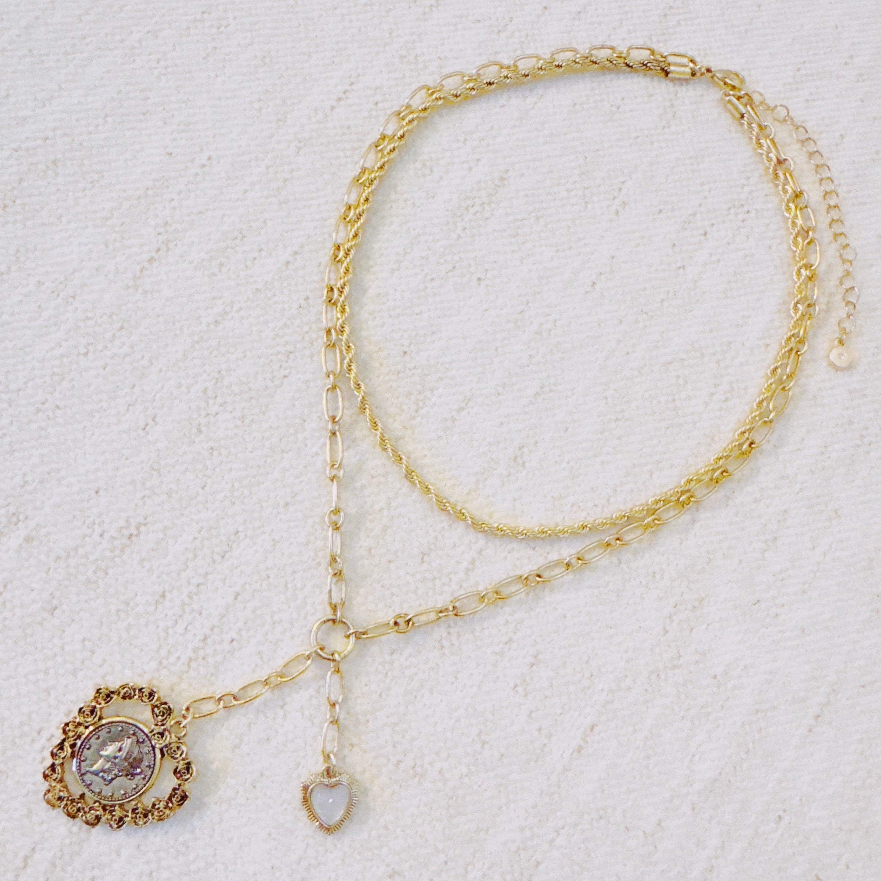 Double Chain Heart Pendant Necklace – Layered Gold Links with