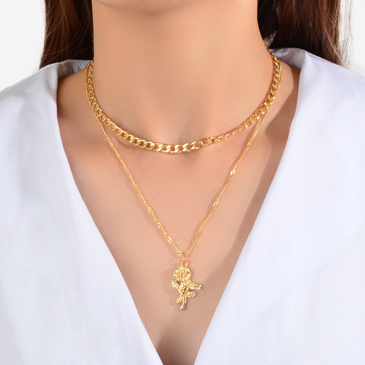 Female Jewelry Double layer Gold Chain Flower Pendant Necklace Women