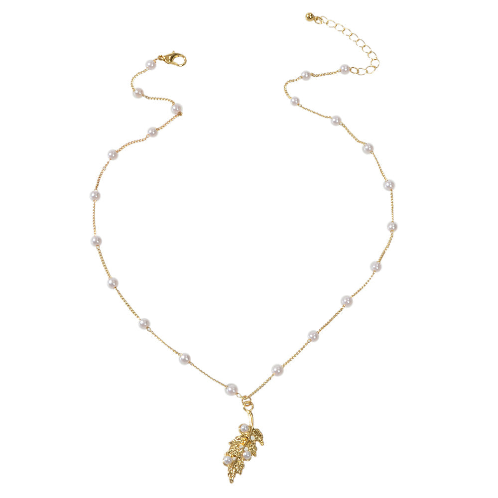 Feelontop Fashion Jewellery Pearl Gold Leaf Pendant Necklace Women