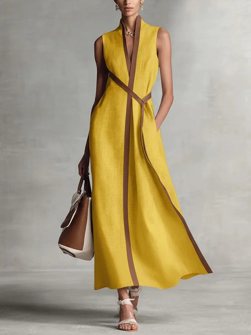 Spring Women Independent Stand Contrast Color Sleeveless Stand Collar