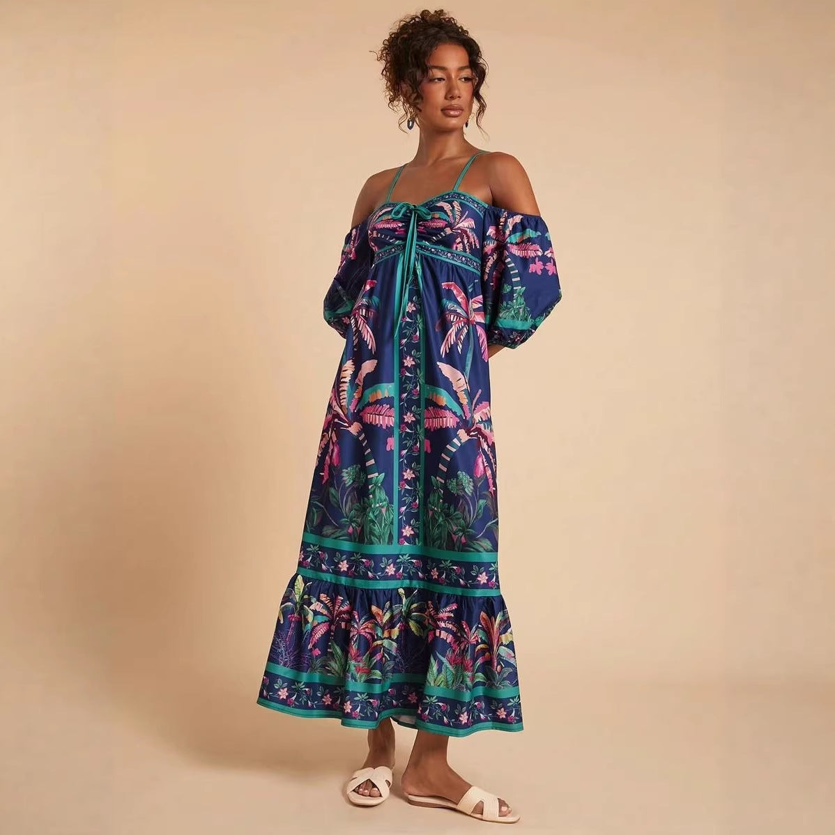 Summer Positioning Printing Sling off Shoulder Dress .Ships from