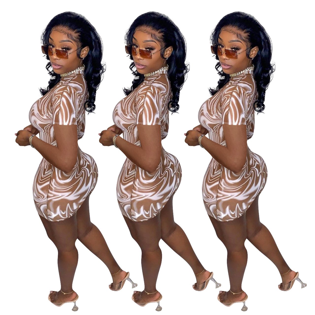 Women Clothing  Irregular Fashion Printed Mesh Short-Sleeved Jumpsuit