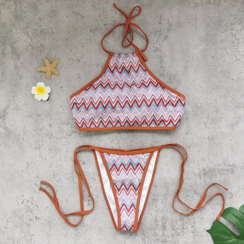 Halter Strap Sexy Backless Low Waist Tube Top Bikini Striped Printed