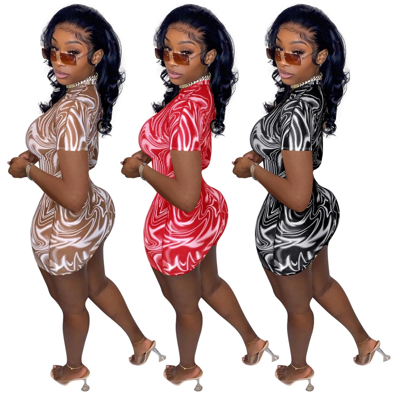 Women Clothing  Irregular Fashion Printed Mesh Short-Sleeved Jumpsuit