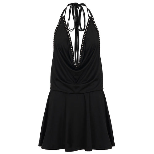 Sexy Rivet Lace Swing Collar Lace up Halterneck Strap Dress Solid