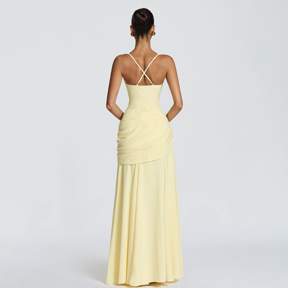 Elegant Graceful Sexy Dress Low Cut Sling Dress Solid Color Waist