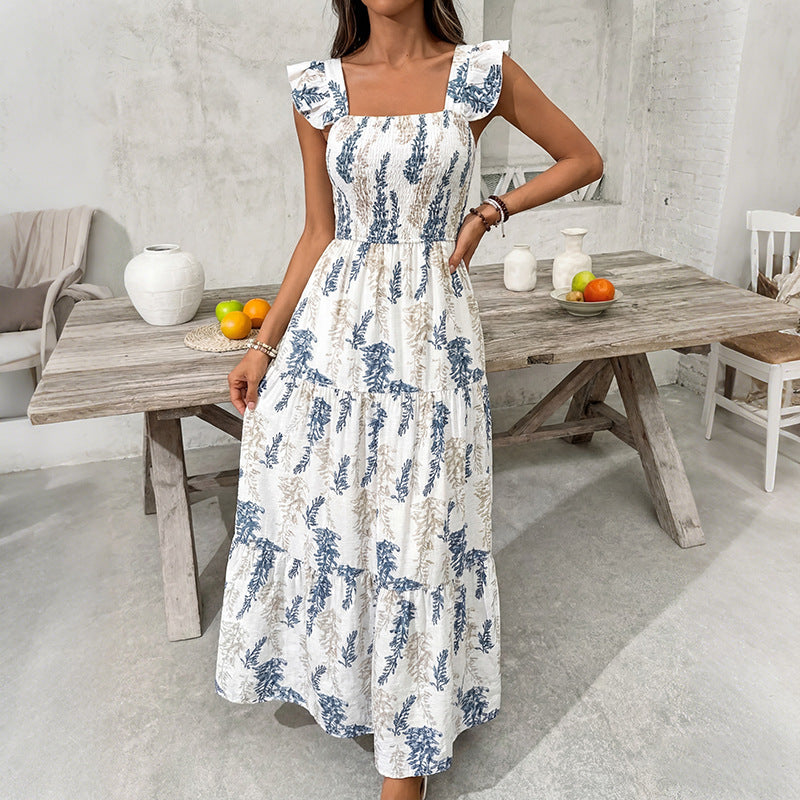 Fresh Vacation Plant Print Flying Sleeves Tiered Dress .Ships from