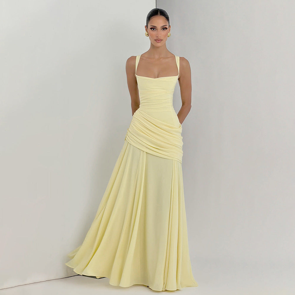 Elegant Graceful Sexy Dress Low Cut Sling Dress Solid Color Waist