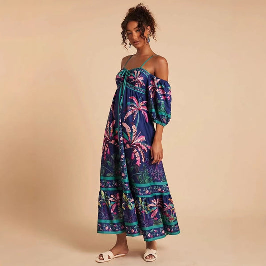 Summer Positioning Printing Sling off Shoulder Dress .Ships from