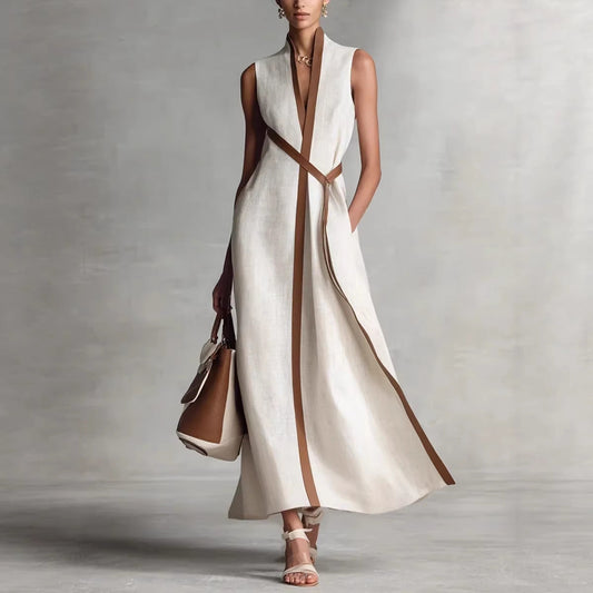 Spring Women Independent Stand Contrast Color Sleeveless Stand Collar
