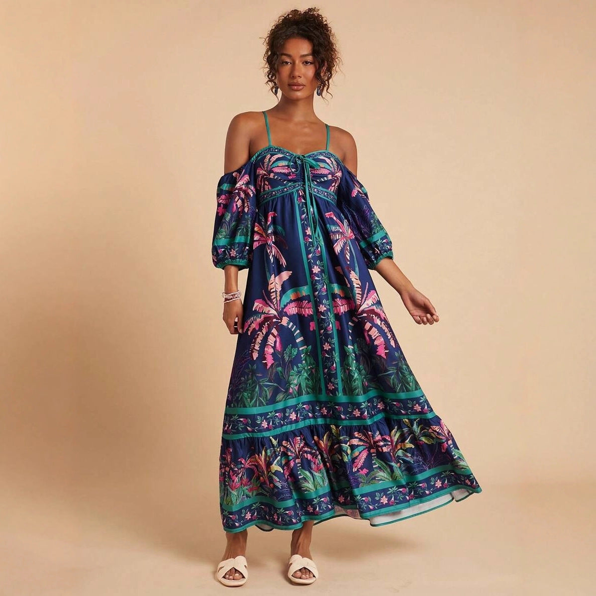 Summer Positioning Printing Sling off Shoulder Dress .Ships from