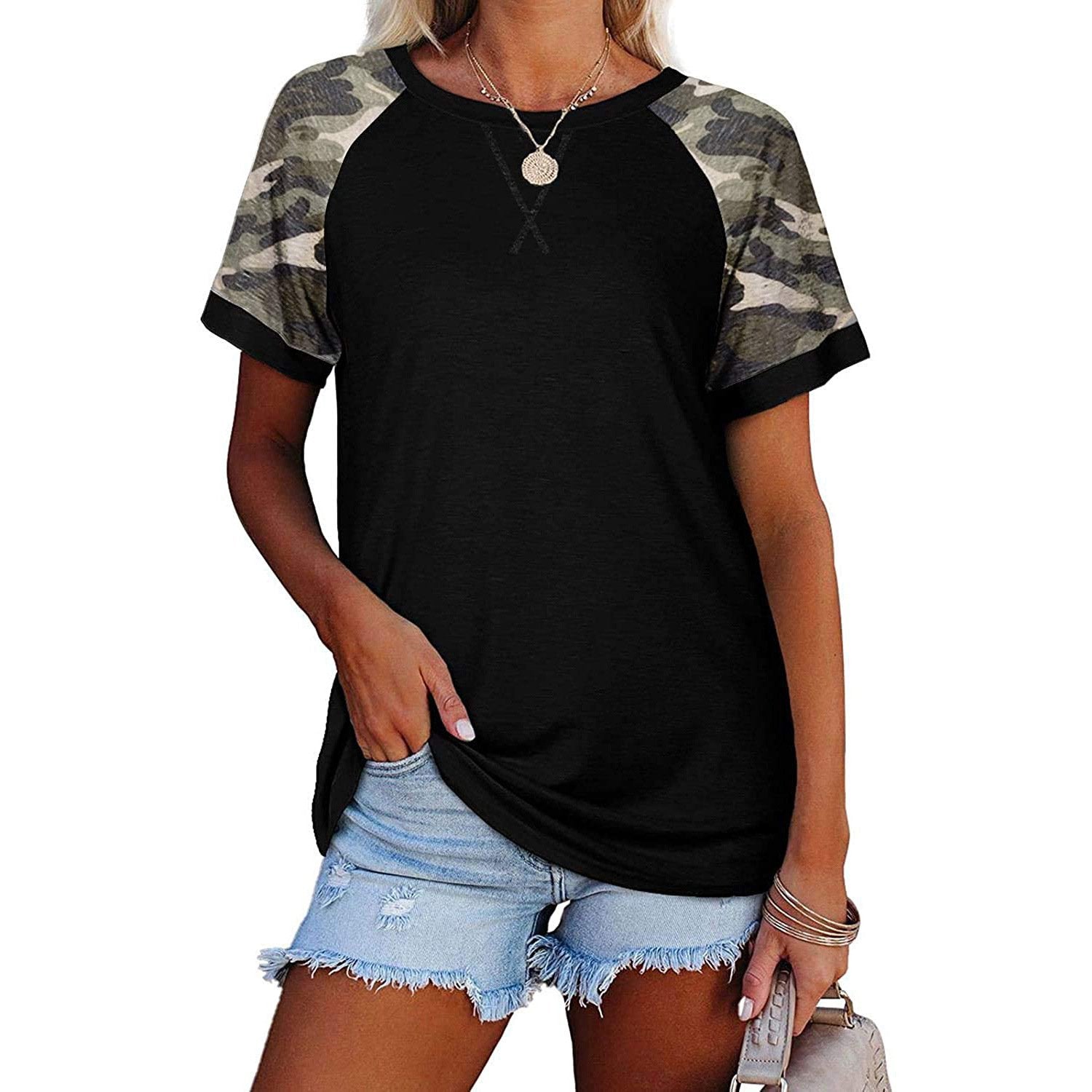 Women Clothing   Camouflage Stitching Short Sleeve T-shirt