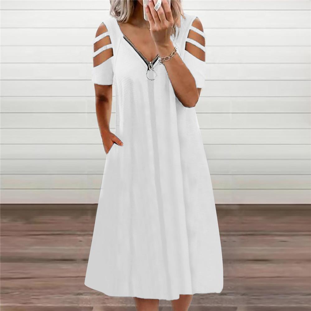 Summer   Women Clothing Sexy V-neck Zipper Solid Color Short