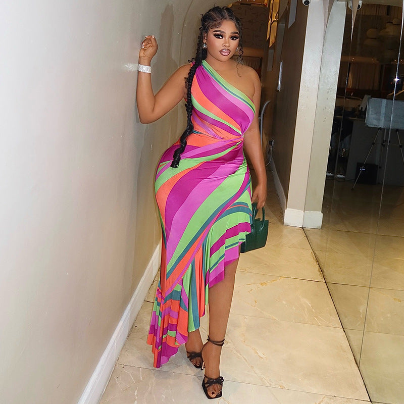 Color Matching Women Printed Wear One Shoulder Rainbow Hip Diagonal