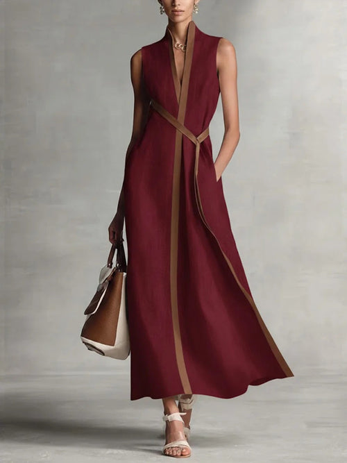 Spring Women Independent Stand Contrast Color Sleeveless Stand Collar