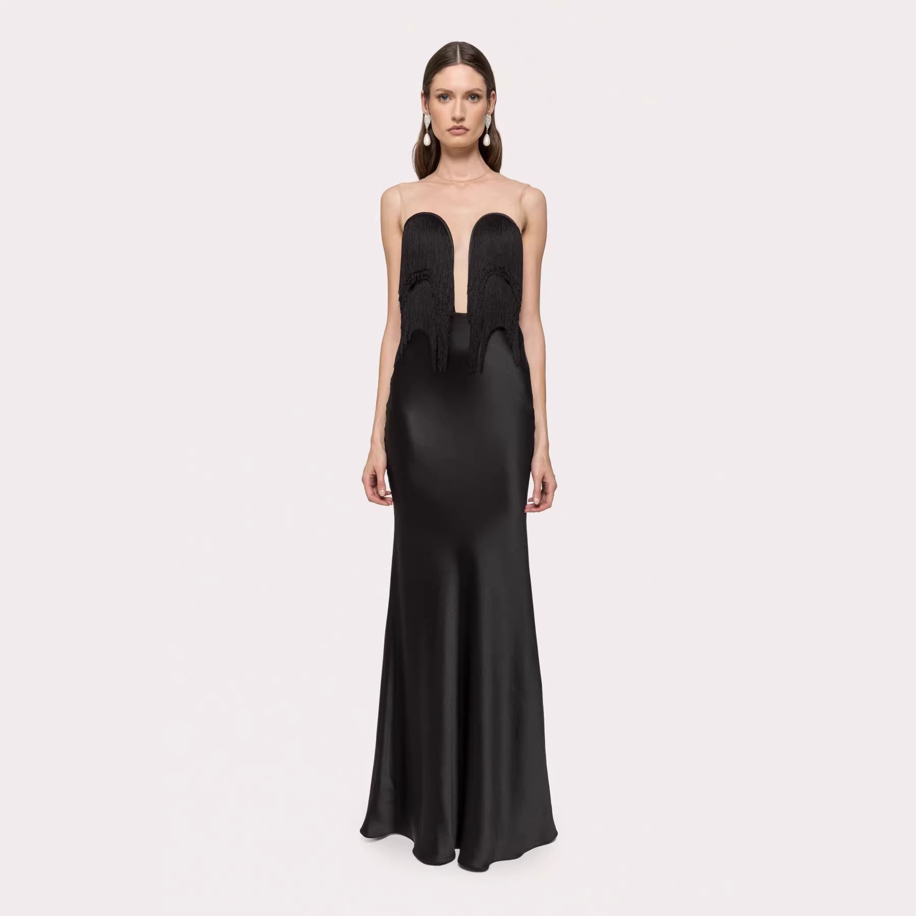 Black Tassel Tube Top Fishtail Draping V neck Slim Fit Evening Dress