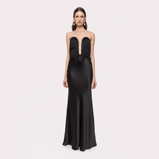 Black Tassel Tube Top Fishtail Draping V neck Slim Fit Evening Dress