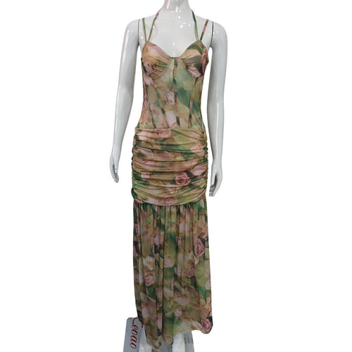 Women Clothing Summer Sexy Spaghetti Strap Floral Print Vacation Beach