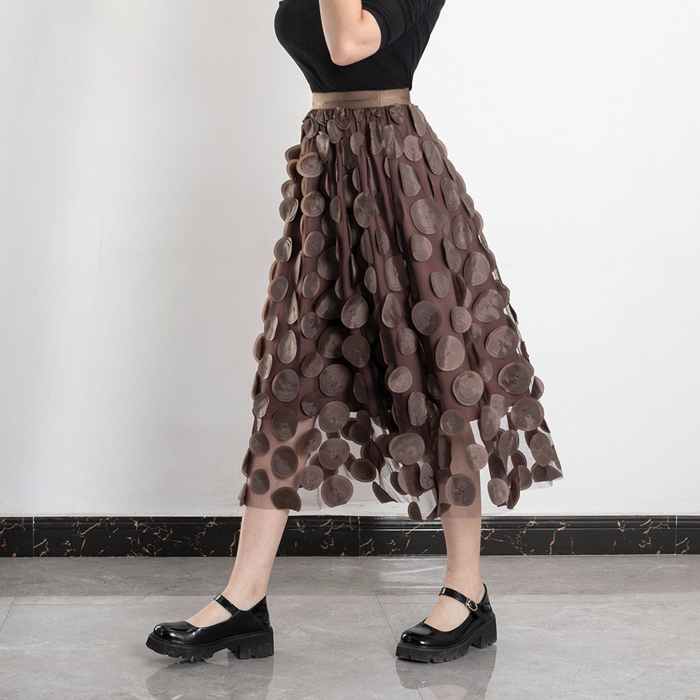 Three Dimensional Patch Stitching Mesh Women Midi Skirt