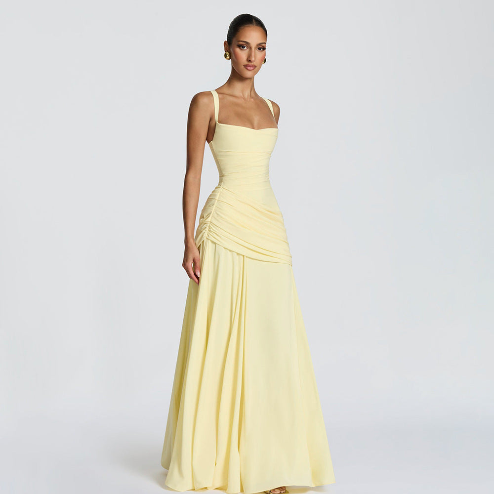 Elegant Graceful Sexy Dress Low Cut Sling Dress Solid Color Waist