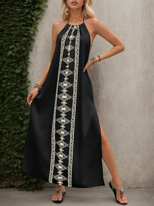 Vacation Summer Women Backless High Slit Long Vacation Spaghetti