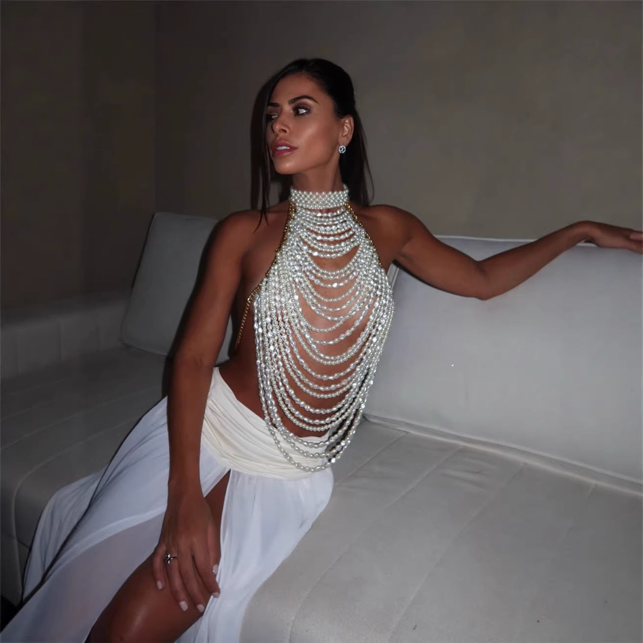 Festival Heavy Industry Pearl Vest Sexy Multi Layer Top Chest Necklace