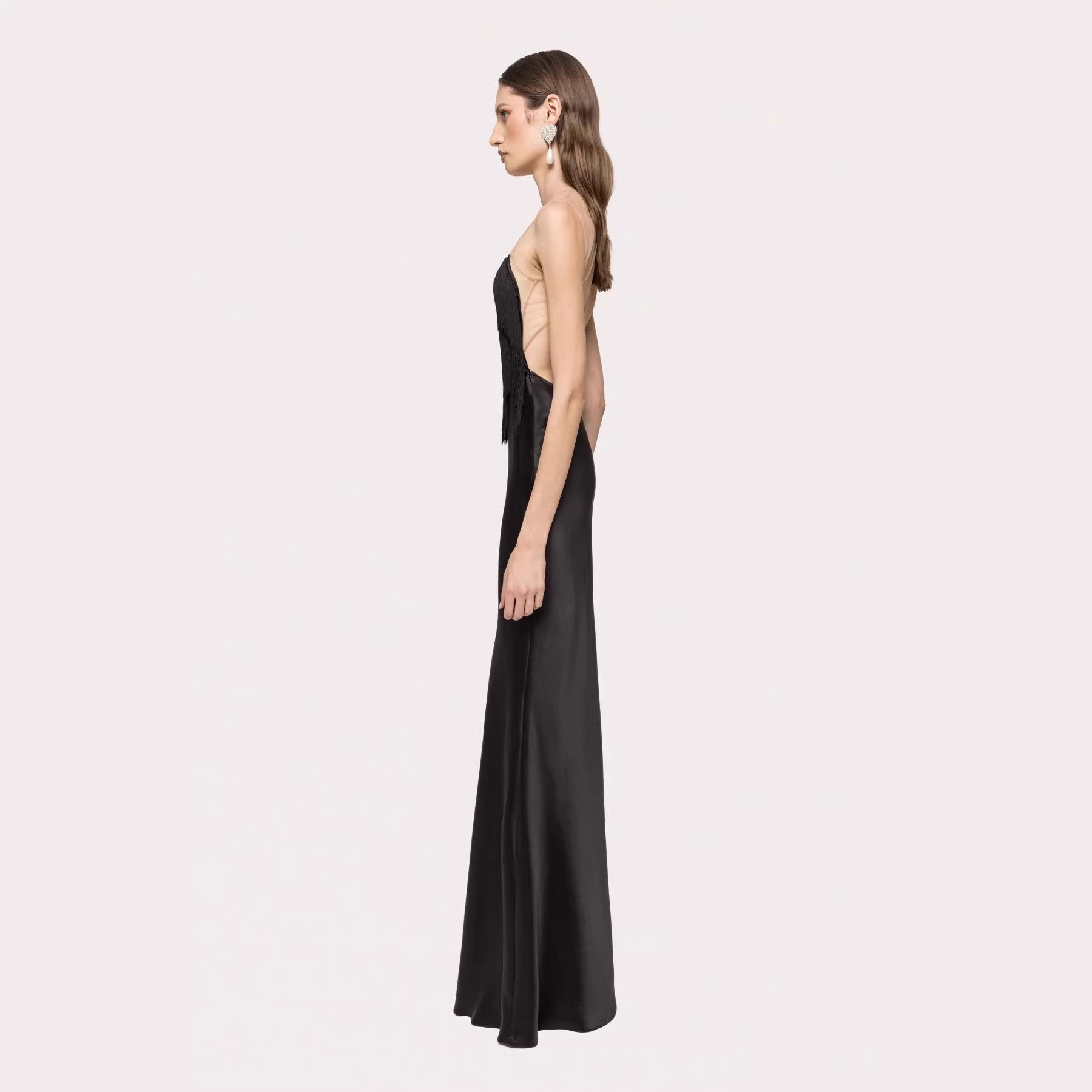 Black Tassel Tube Top Fishtail Draping V neck Slim Fit Evening Dress