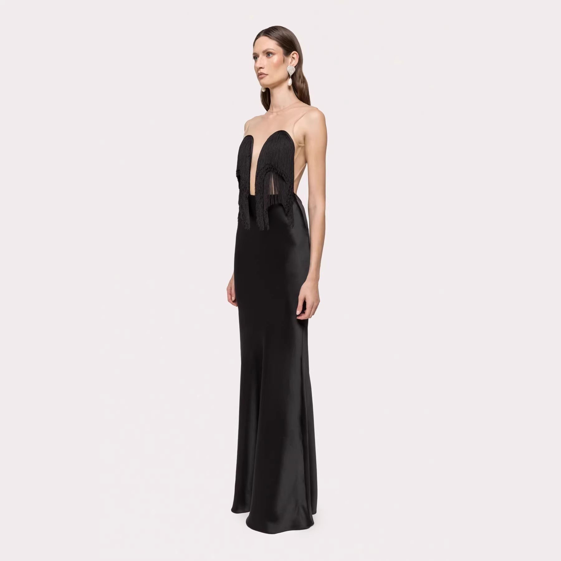 Black Tassel Tube Top Fishtail Draping V neck Slim Fit Evening Dress