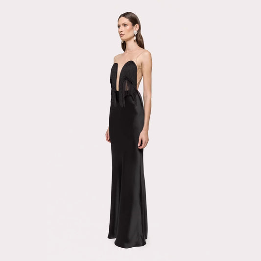 Black Tassel Tube Top Fishtail Draping V neck Slim Fit Evening Dress
